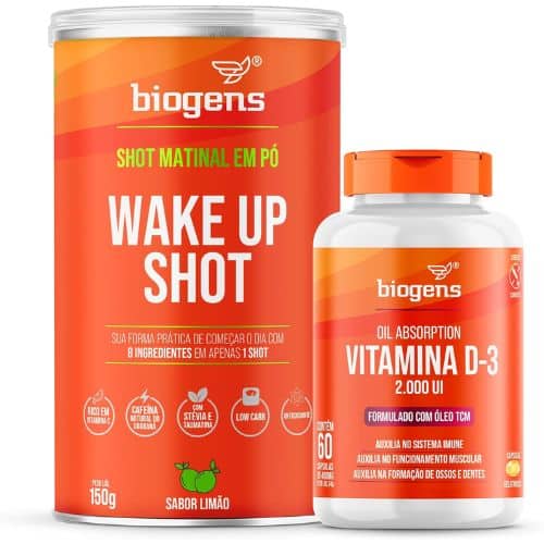 Kit Imunidade, Vitamina D3 +. Wake Up shot, zinco, vitamina C, própolis, Biogens
